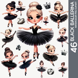 Encantador conjunto de imágenes prediseñadas de acuarela de bailarina negra y lago de los cisnes - Uso comercial, Ballet PNG, Descarga instantánea