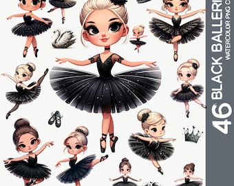 Conjunto de imágenes prediseñadas de bailarina negra: Lago de los cisnes acuarela PNG (descarga digital)