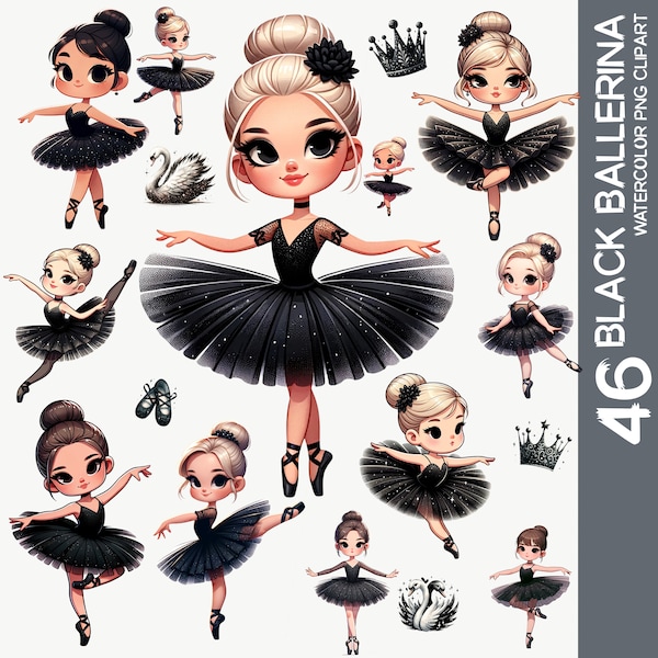 Enchanting Black Ballerina and Swan Lake Watercolor Clipart Set - Commercial Use, Ballet PNG, Instant Download