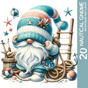 20 bundle di clipart incantati e stravaganti dello gnomo nautico - acquerello oceano marinaio gnomo vivaio, adesivo da parete PNG, design a sublimazione (1)