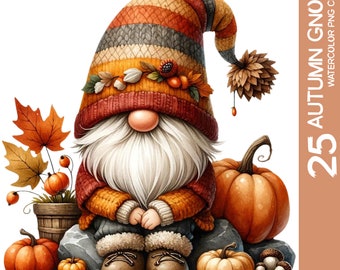 Fall Gnome Clipart Bundle: Watercolor Autumn Gnomes (PNG)