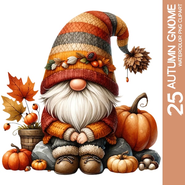 25 Fall Gnome Clipart Bundle PNG, Autumn Gnome Watercolor, Thanksgiving Pumpkin Gnome, Fall Holiday Sublimation Design, Wall Art Sticker (1)