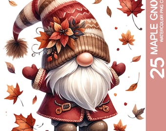 Maple Leaf Gnome Watercolor Clipart Bundle (PNG)