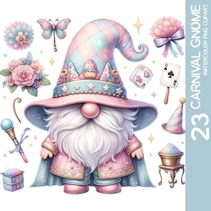 Paquete de 23 imágenes prediseñadas de gnomos de carnaval encantados y caprichosos: decoración festiva de gnomos con acuarela, calcomanías de arte de pared PNG, diseño de sublimación para guardería (1)