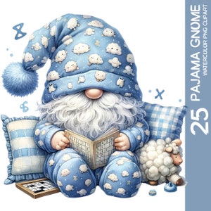 Paquete de 25 caprichosos pijamas azules de acuarela, imágenes prediseñadas de gnomos, PNG, ideal para decoración de guardería, sublimación, adorables amantes de los gnomos a la hora de dormir (2)