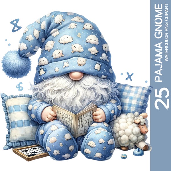 25 Whimsical Watercolor Blue Pajamas Gnome Clipart Bundle - PNG, Ideal for Nursery Decor, Sublimation, Adorable Bedtime Gnome Lovers (2)