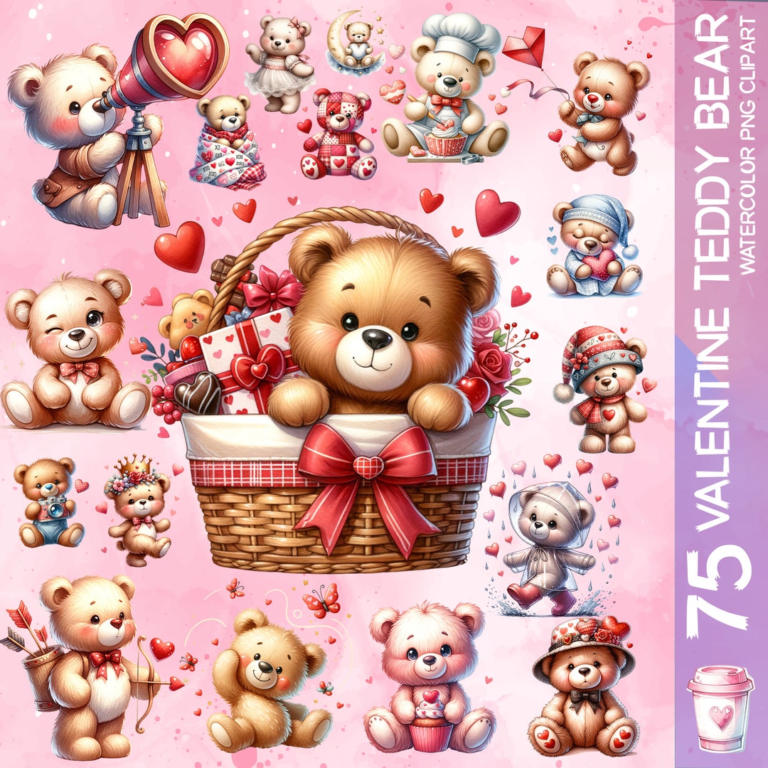 Watercolor Valentines Teddy Bear Clipart: 75 PNG Collection - Etsy