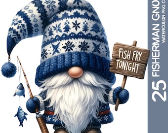 Aquarell Angler Gnom Clipart Bundle: Wunderlicher Fischer PNG (Digital Download)