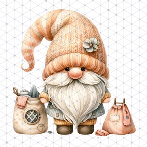 May include: A cute gnome with a white beard and a knitted hat with a flower on top. The gnome is holding a brown bag with a white cross on it. The gnome is standing on a white background.