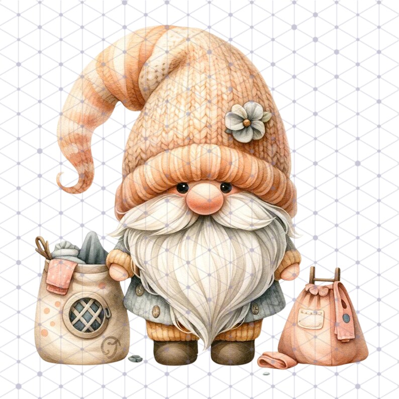 May include: A cute gnome with a white beard and a knitted hat with a flower on top. The gnome is holding a brown bag with a white cross on it. The gnome is standing on a white background.