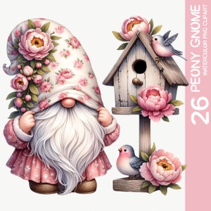 Lot de 26 charmants gnomes aquarelles pivoine : adorables gnomes avec fleur de pivoine, printemps parfait pour les jardiniers, projet de sublimation (1)