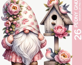 Watercolor Peony Gnomes Clipart Bundle: Spring Garden Designs (Digital Download)