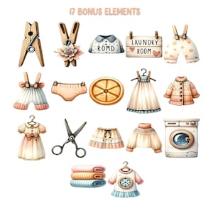 May include: A set of 17 illustrated images featuring laundry room items, including a wooden clothespin, a pair of scissors, a washing machine, a basket of folded towels, a dress, a skirt, a sweater, a pair of underwear, a pair of pants, a sign that says "Laundry Room", and a lemon slice.