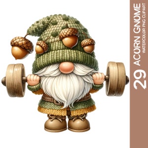 29 Paquete de imágenes prediseñadas de gnomo de bellota PNG, acuarela de gnomo de bellota de otoño, gnomo de Acción de Gracias, diseño de sublimación de vacaciones de otoño, pegatina de arte de pared PNG