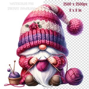 Charmants gnomes aquarelles avec tricot, ensemble de cliparts thème au crochet PNG, Gonk en laine confortable, art et décoration de chambre d'enfant, amateurs de gnomes 1 image 2