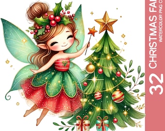 32 Christmas Fairy Clipart Bundle: Watercolor PNG (Commercial Use)