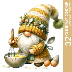 32 Enchanted Cooking Gnome Clipart Bundle - Akwarela Fantazyjny Posiłek Gnome Przedszkole, Naklejka Ścienna PNG, Projekt Sublimacji (1)