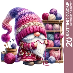 Charmants gnomes aquarelles avec tricot, ensemble de cliparts thème au Crochet PNG, Gonk en laine confortable, Art et décoration de chambre d'enfant, amateurs de gnomes (2)