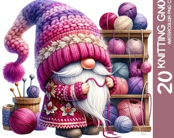 Charming Watercolor Gnomes with Knitting, Crochet Theme Clipart Bundle PNG, Cozy Woolen Gonk, Nursery Art & Decor, Gnome Enthusiasts (2)