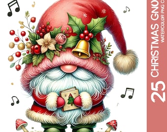 25 Christmas Gnome Watercolor Clipart: Festive PNG Bundle (Digital Download)
