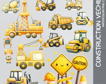 Clipart véhicule de construction aquarelle pour enfants - bulldozer, grue, camion, décoration de fête d'anniversaire pour enfants, thèmes pour chambre de bébé et scrapbooking