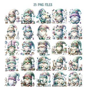 May include: A set of 25 digital illustrations featuring gnomes dressed in various outfits and holding sewing-related items. The gnomes are depicted in a whimsical style with colorful clothing and accessories. The illustrations are perfect for crafting projects, scrapbooking, and digital design.