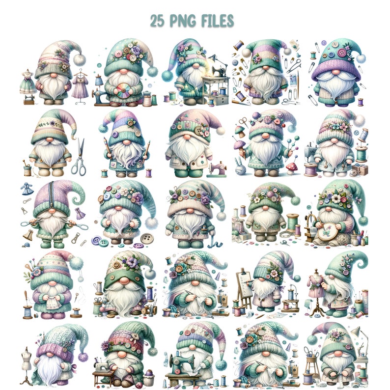 May include: A set of 25 digital illustrations featuring gnomes dressed in various outfits and holding sewing-related items. The gnomes are depicted in a whimsical style with colorful clothing and accessories. The illustrations are perfect for crafting projects, scrapbooking, and digital design.