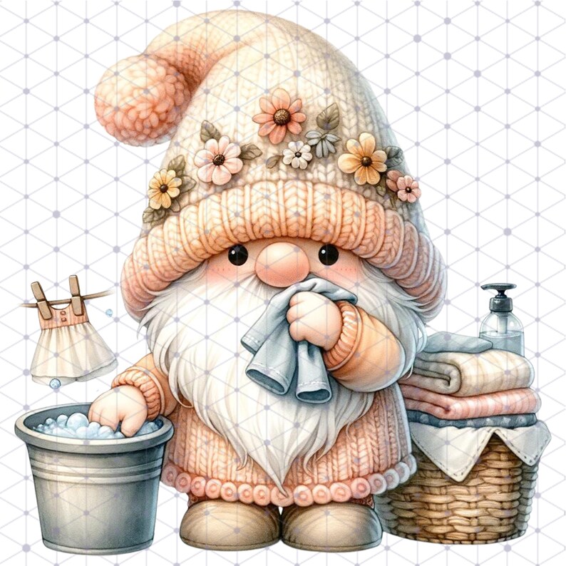 May include: A pink and white gnome with a knitted hat and a flower garland is holding a blue washcloth and a bucket of soapy water. The gnome is standing next to a wicker basket filled with folded towels.