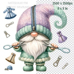 May include: A watercolor illustration of a gnome wearing a purple and green knitted hat with a zipper down the front. The gnome is holding a pair of scissors and has a white beard. The gnome is surrounded by various zipper and sewing supplies.