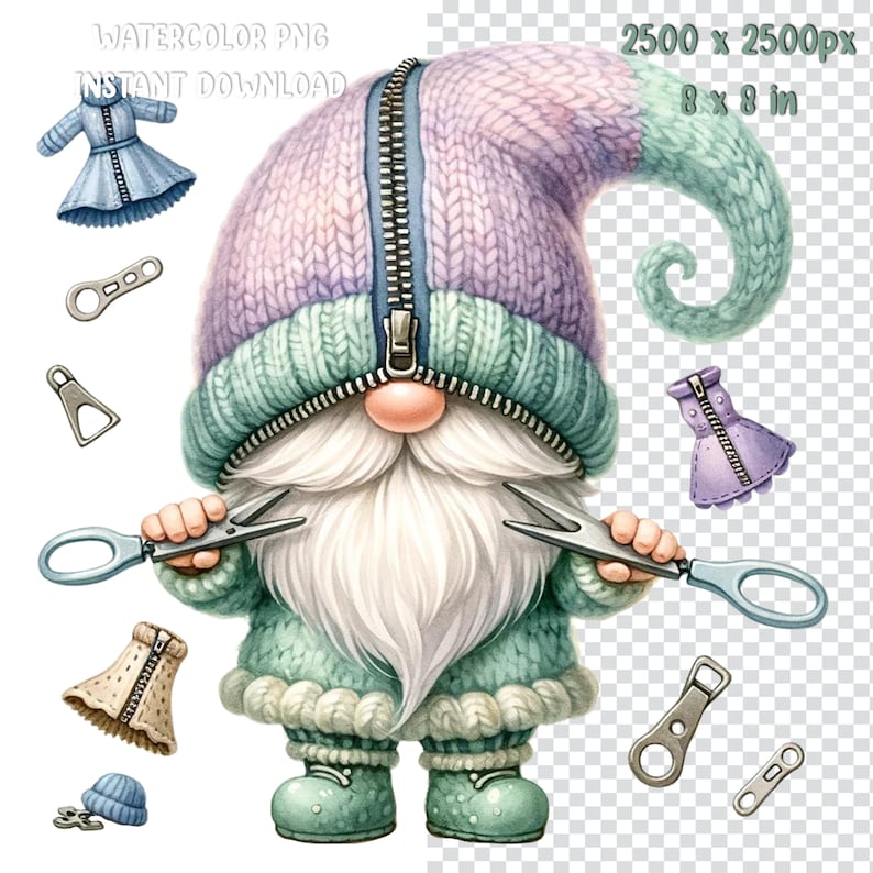 May include: A watercolor illustration of a gnome wearing a purple and green knitted hat with a zipper down the front. The gnome is holding a pair of scissors and has a white beard. The gnome is surrounded by various zipper and sewing supplies.