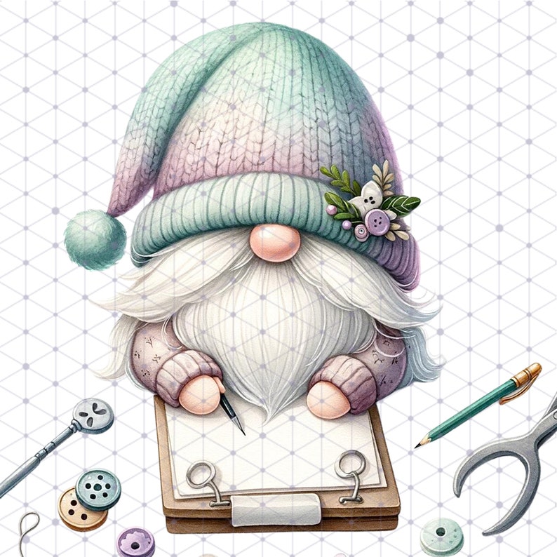 K&ouml;nnte beinhalten: Ein Gnom mit einer hellblauen und lila gestrickten M&uuml;tze mit einem wei&szlig;en Bommel sitzt an einem Tisch mit einer Klemmbrett und einem Bleistift. Der Gnom tr&auml;gt einen rosa Pullover und hat einen wei&szlig;en Bart. Auf dem Tisch liegen Kn&ouml;pfe und andere Bastelutensilien.