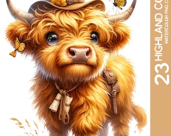 Watercolor Highland Cow Clipart: Whimsical PNG Images (Commercial Use)
