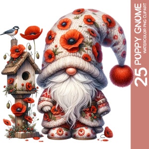 Charmante Aquarell Mohnblume Erinnerung Gnom Clipart PNG Valentinstag Muttertag Gartenblume, Waldfrühlingsfreude Sublimation (1)