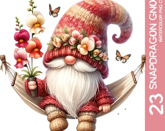 Watercolor Snapdragon Gnome Clipart Bundle: Garden Lover Illustrations (Digital Download)