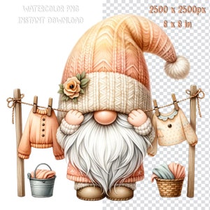 May include: A pink gnome with a white knitted hat and a long white beard is standing in front of a clothesline with two hanging garments. The gnome is holding a small flower in its hat.