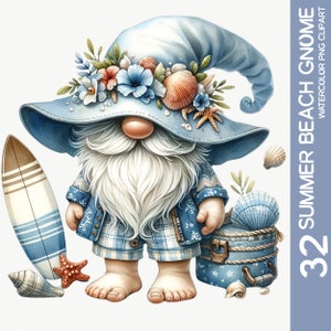 32 Enchanted Seashell & Starfish Gnome Clipart Bundle - Watercolor Summer Beach Gnome Nursery, Wall Art Sticker PNG, Sublimation Design (2)