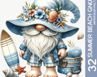Watercolor Beach Gnome Clipart: Seashell & Starfish - Summer Nursery (PNG)