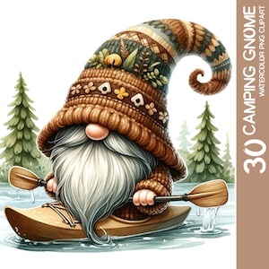 Paquete de imágenes prediseñadas de gnomo de camping de acuarela caprichosa - PNG, aventura de otoño, escena de fogata, senderismo, delicia de vacaciones, pegatina de arte de pared (2)