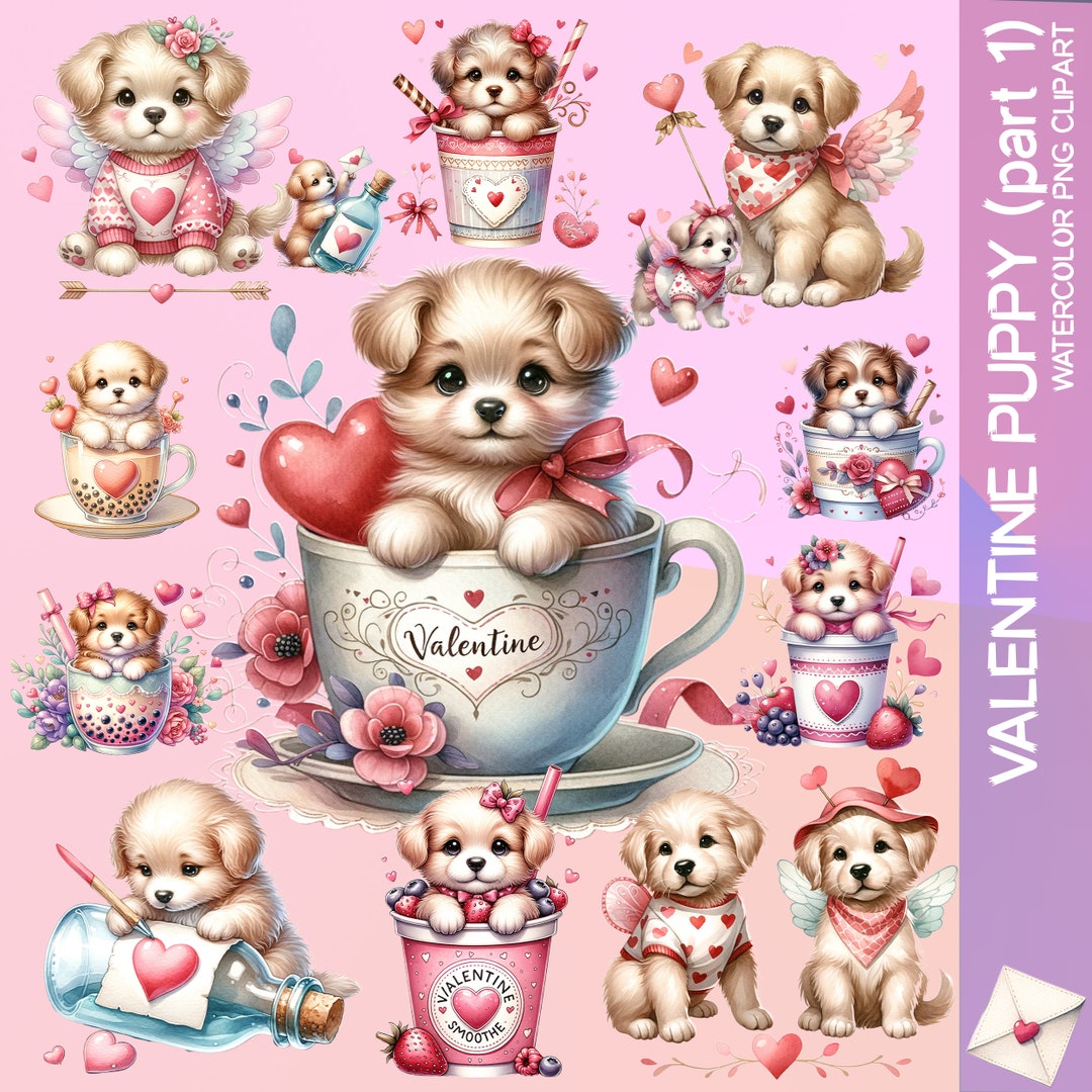 32 Valentines Day Puppy Love Watercolor Clipart Collection Valentine