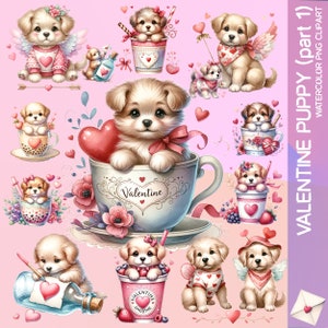 32 Valentine's Day Puppy Love Watercolor Clipart Collection, Valentine PNG, Valentine Clipart, Adorable Dog Graphic Love Day, Cute Puppy PNG