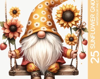 Op de afbeelding: Een gnome met een witte baard en een gele hoed met witte madeliefjes zit op een houten schommel. De gnome houdt zich vast aan touwen die aan de schommel zijn bevestigd. Er zijn zonnebloemen en aardbeien aan de touwen. De tekst "25 SUNFLOWER GNOME WATERCOLOR PNG CLIPART" staat in de rechterbovenhoek van de afbeelding.