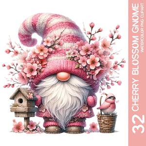 32 affascinanti pacchetti di clipart di gnomi con fiori di ciliegio ad acquerello: adorabili gnomi con fiori, perfetti per giardinieri e progetti di sublimazione