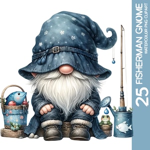 Paquete de 25 imágenes prediseñadas de gnomos pescadores con acuarela, gnomos pescadores, pesca con mosca, pesca de lubina, perfectos para diseños de sublimación (1)