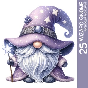 Paquete de 25 imágenes prediseñadas de acuarela de gnomo mago caprichoso - Gnomos del Reino Mágico de Fantasía, descargas de diseño de sublimación, pegatina de arte de pared PNG