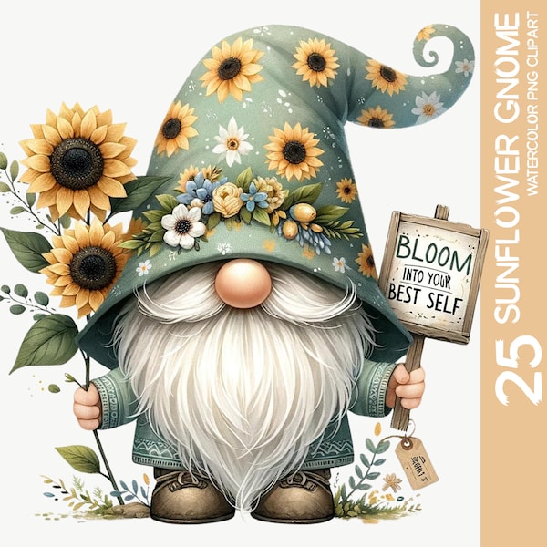 25 charmante aquarel zonnebloemkabouters clipartbundel: schattige kabouters met bloemen, perfect voor tuinders en sublimatieprojecten (1)