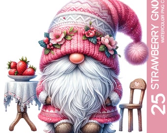 Watercolor Strawberry Gnomes Clipart Bundle: Summer & Valentine's Designs (PNG)