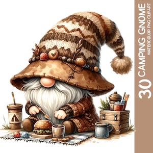Paquete de imágenes prediseñadas de gnomo de camping de acuarela caprichosa - PNG, aventura de otoño, escena de fogata, senderismo, delicia de vacaciones, pegatina de arte de pared (1)