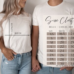 May include: Size chart for Bella + Canvas 3001 t-shirts, showing width and length measurements in inches for sizes XS to 4X.