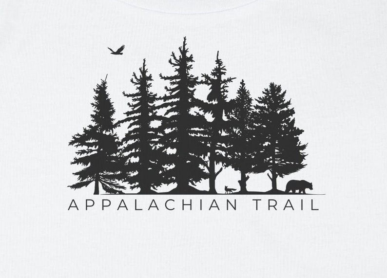 May include: Black and white silhouette graphic of a forest with a bird flying overhead, a bear, and a deer walking through the trees. The text "Appalachian Trail" is below the image.
