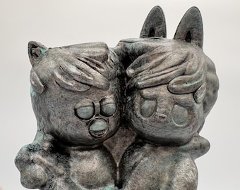 Tarnished Silver  Furby and Lafufu cuddling children figurine wierdcore